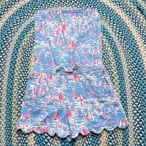 Blue Strapless Jumpsuit with Pink Sailboat Print - Picture 3 of 10